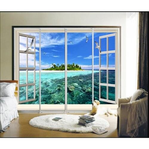 Beibehang Large custom windows outside the ultra clear water blue sky sunny island background wall decoration