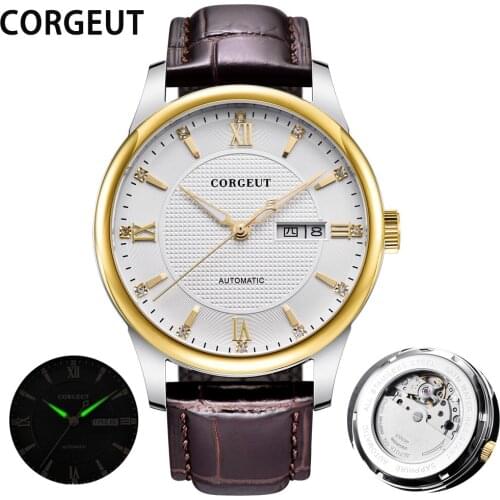 CORGEUT Luxury Men Mechanical Watch Brand Leather Calendar 50M Waterproof Mens Watch Luminous Sport Clock Relogio masculino