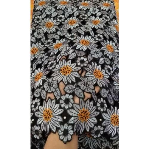 Black African lace fabric with stones 5 Yards high quality handcut embroidery cotton swiss voile wedding lace for party -N88167C