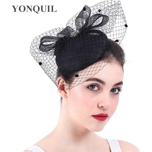 Black Sinamay Wedding Bride Headpiece Headband Fascinator Hat Net Women Cocktail Derby Formal Chapeau Cap Veils Hair Accessory
