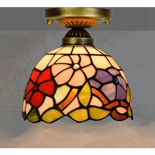 European-Style 8-Inch 20cm Tiffany Colored Glass Corridor Balcony Ceiling Light Red Festive Morning Glory