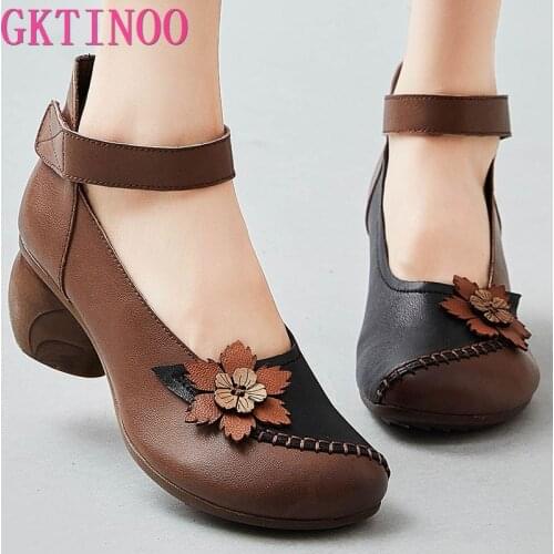 GKTINOO Pumps Women Shoes 2021 New Autumn Genuine Leather Hook & Loop Round Toe Retro High Heels Handmade Leisure Ladies Shoes