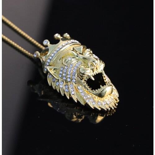 Hip hop jewelry golden crown lion pendant necklace mens punk jewelry party charm accessories birthday gift