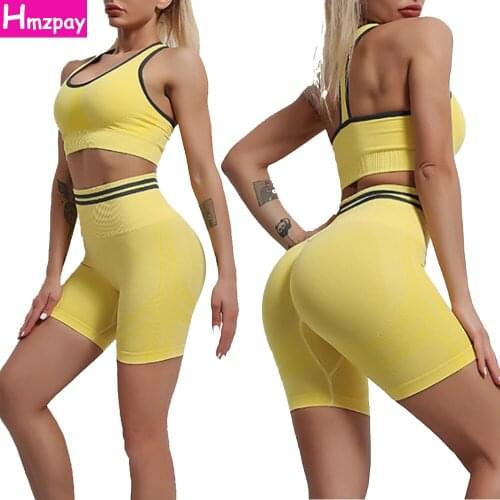 Summer Womens Seamless Yoga Suit 2-Piece Shockproof Fitness Bra High Waist Tight Sports Shorts Exercise Running Yoga Sportswear