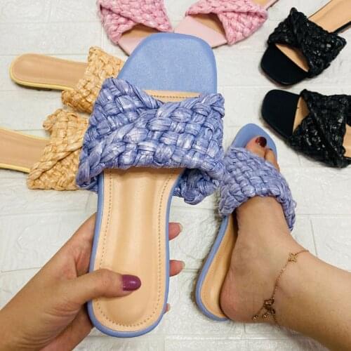 Fashion Woven Sandals Flat Open Toe Womens Shoes Solid Color Outdoor Leisure Beach Slippers Plus Size