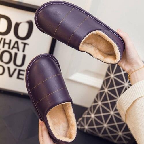 Man House Slippers Winter PU Leather Warm Plush Slippers Indoor Non-slip Casual Shoes Unisex Comfort Flat Shoes Women Fur Slides