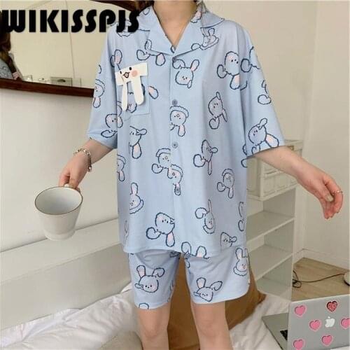 2021 Summer New Cute Cartoon Print Short Sleeve Cardigan Comfortable Home Clothes Two Piece Set Lounge Wear Womens Pajamas