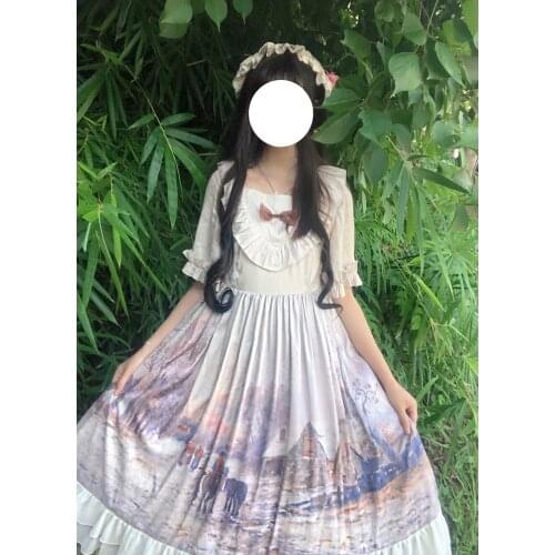 Palace princess sweet lolita dress vintage falbala bowknot high waist oil painting printing victorian dress kawaii girl op loli