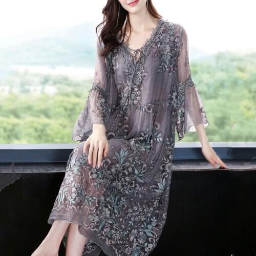 2020 Spring Summer Korean Style Womens High Waisted Embroidery Grey Dress , Loose 4xl Imitation Silk Dresses for Woman