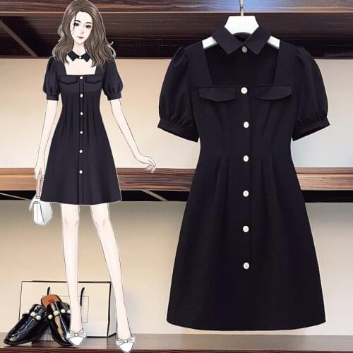 Plus size office ladies elegant black midi dresses Summer slash neck single breasted high waist A-line dresses female vestidos