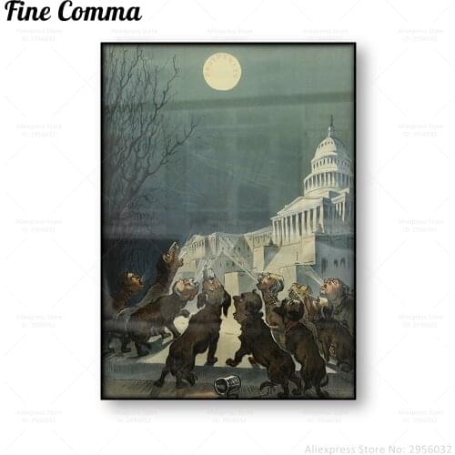 Dogs Howling at a Properity Full Moon Outside the US Captial Building Vintage Poster Retro Wall Art Canvas Print Painting Decor
