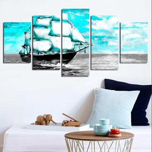 Modern Abstract Oil Painting Mural Poster Sea Sailing Boat Blue Sky Scenery Picture Home Decoration Mural 5 Pieces/set Frameless