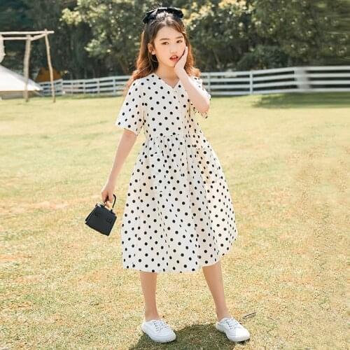 Girls Loose Dress V-neck Polka Dot Princess Dress 2021 Summer Cotton Dress Leisure Vacation Beach Long Dress