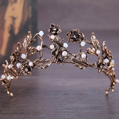 Vintage Baroque Gold Pearl Leaf Bridal Tiara Crystal Crown Hairband Headpiece Vine Tiara Wedding Hair Accessories Bride Headband