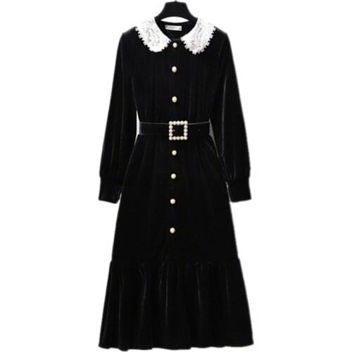 PERHAPS U Woman Elegant Black Velvet Office Lady Button Turn Down Collar Long Sleeve Knee Length Dress A-line Lace D1588