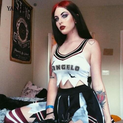 Yangelo Letter Print Gothic Vest Women Spring Autumn 2021 Striped Sexy White Tank Retro Y2k Cheerleading Dancing Girl Crop Tops