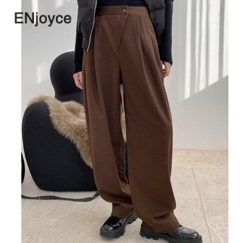 Women High Waist Wide Leg Brown Wool Straight Pants British Loose Trousers Female Thicken Winter Chic Slant Placket Suit Pants