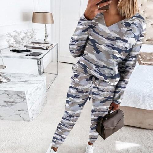Camouflage Sports Suits Women V-neck Long Sleeve Tops And Drawstring Long Pants Two Piece Set Female Streetwear Tracksuit