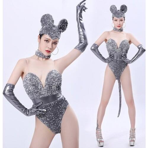 Rave Dance Costume Sexy Silver Sequin Jumpsuit Headwear Cosplay Mouse Outfit Party Nightclub Womens Clothing Stage Costume 3875