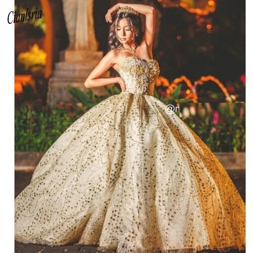 Gold Sparkly Crystal Beading Sweetheart Ball Gown Quinceanera Dresses Sleeveless Lace Up Back Sweet 16 Dress Prom Party Dress