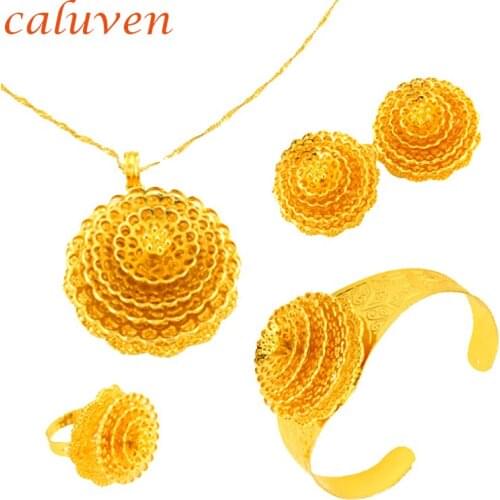 Gold Color Dubai Jewelry Sets for Women African Eritrea Habesha Earring Ring Pendant Ethiopian Necklace Bridal Wedding Gift
