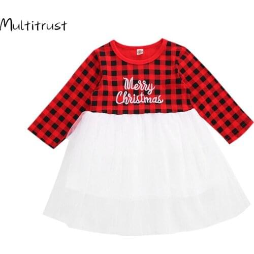 2020 Toddler Baby Girls Red Plaid Dress Christmas Infant Ruffle Long Sleeve Outfits Kids Cotton Dress