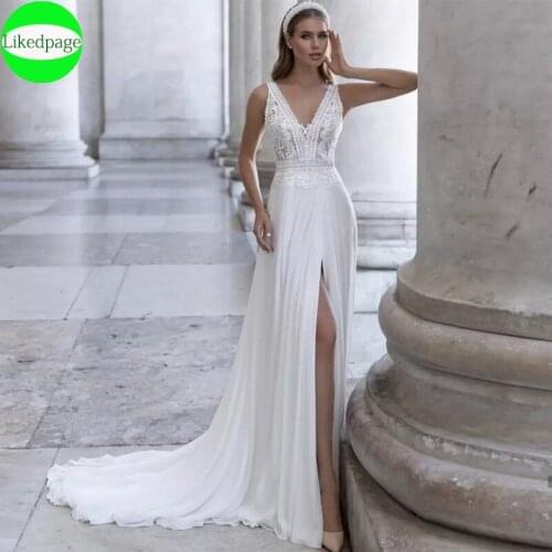 2021Wedding Dress Boho Vestidos De Novia A-Line Side Slit V-Neck Lace Appliques Sexy Button Sweep Train Chiffon Bride Gown Beach