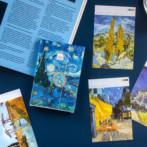 30 Pcs/Set Van Gogh, Monet Oil Painting Series Postcards INS Style Blue Greeting Wishing Cards Message Card