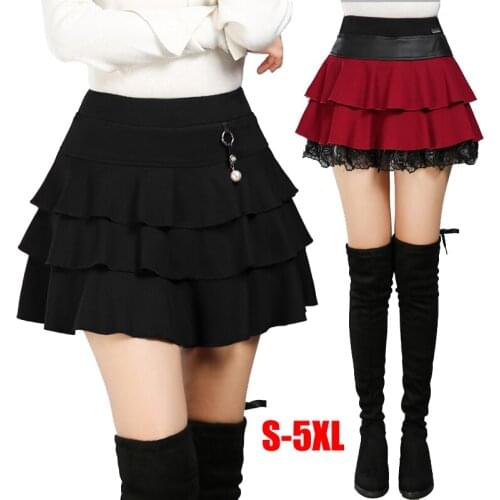 Large Size S-5XL Elasticity Waist Anti-burnout A-line Mini Pleated Skirt Ladies Lace Patchwork Cake Skirts Black Wine red Spring