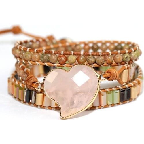 Pink Crystal Love Bracelet Hand Woven Leather Womens Bracelet Natural Stone Multi Layer Lovers Bracelet Gift Luxury Jewelry