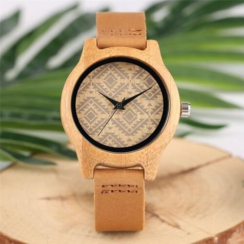 Creative Rhombic Lattice Dial Design Women Watch Natural Bamboo Wood Hour Clock Import Precise Japanese Quartz Movement Top Gift