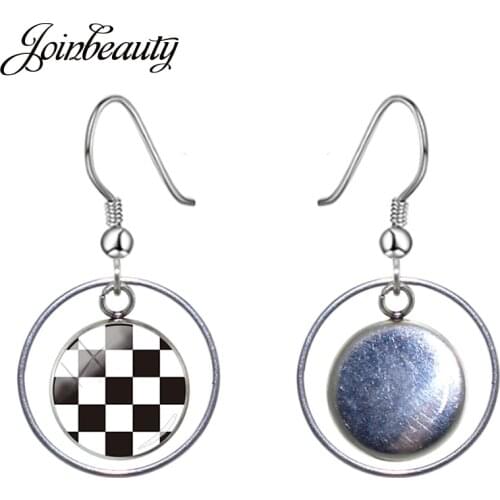 JOINBEAUTY Black And White Square Grid Pattern Round Shape Drop Earrings Checkerboard Glass Hollow Out Dangle Earrings TX549