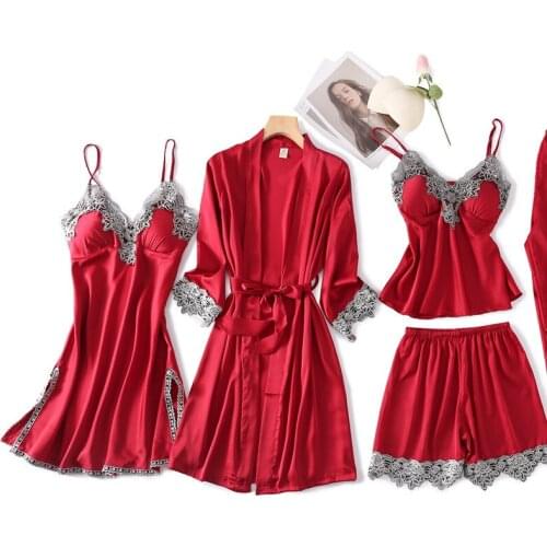 FZSLCYIYI Sexy Embroidery Lace Trim 5/2/1Pcs Spring Elegant Women Pajamas Sets Faux Silk Sleepwear Fashion Homewear Nightwear