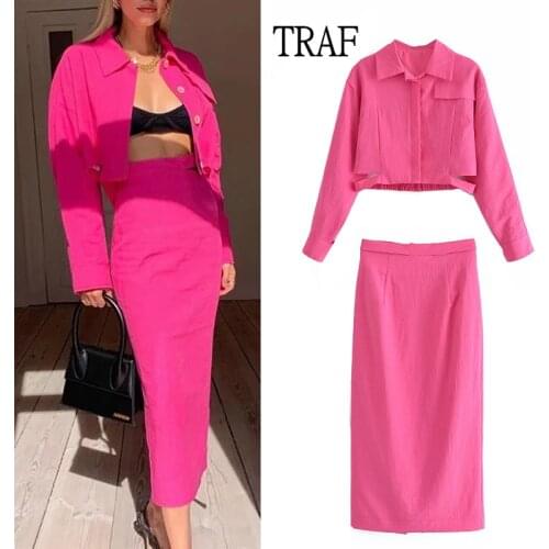 TRAF Za Women 2 Piece Set Suit 2021 Vintage Rose Red Long Sleeve Short Top Women Coat+Elegant High-Waisted Long Skirt Female Top