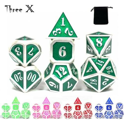 Mini DND Metal Dice White Edge Polyhedral of D4 D6 D8 D10 D% D12 D20 with Velvet Bag for Playing Tabletop Roleplay Games