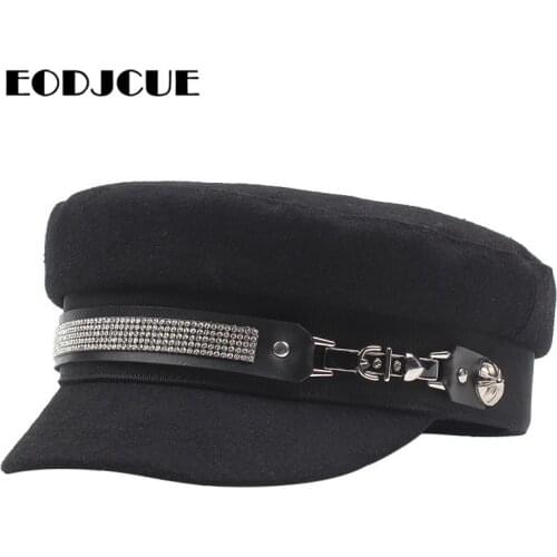 Trendy PU Leather Belt Military Hat Spring Sailor Hat for Women Black Flat Top Drill Captain Cap Baker Boy Hat Pilot Hat