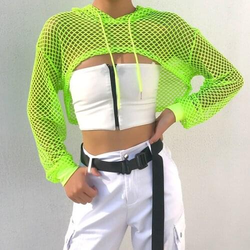 Neon Color Long Sleeve Short Mesh Hoodies Sexy Fishnet Cover Up Crop Tops Women Fashion Hollow Out Smocks for Lady Sporty Beach