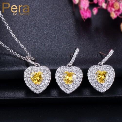 Pera Romantic Big Heart Shape Yellow Crystal Silver Color Jewelry Women Necklace and Earrings for Christmas Gift J178