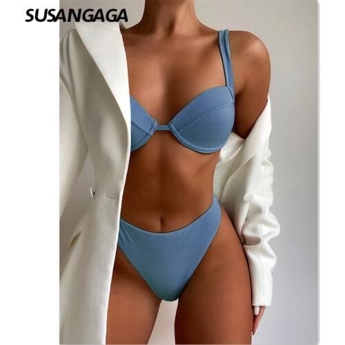 Sexy Bikini Swimsuit Women 2021 Push Up Swimwear Ribbed Bathing Suit Triangle Bikini Set High Cut Biquini Summer Beachwear New
