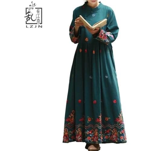 LZJN Red Shirt Dress Long Women Vintage Floral Dresses Wrist Length Sleeve Cotton Robe Party Embroidery Maxi Dress 32249