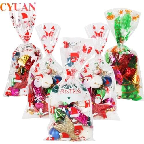 50pcs Santa Claus Christmas Tree Elk Candy Gift Bags Cellophane Bag Christmas Party Favors Xmas Gift Baking Cookie Packaging Bag