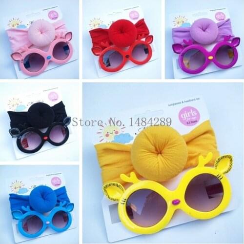 2pcs Baby Girls Donut Headband Anti Ultraviolet Cartoon Deer Kids Infant Sunglasses Newborn Headwear Accessories Sets
