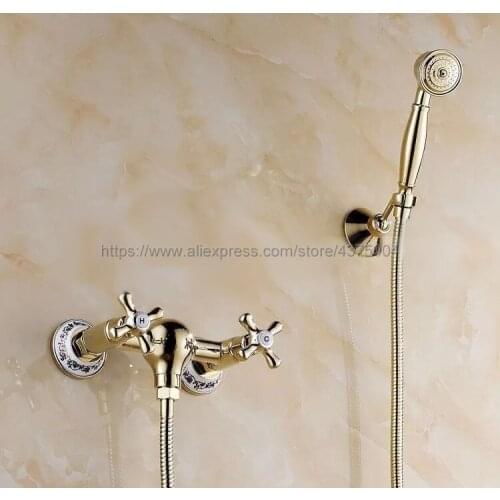 Luxury Gold Color Brass Wall Mounted Bathroom Faucet Bath Tub Mixer Tap With Hand Shower Head Shower Faucet Sets Ntf399