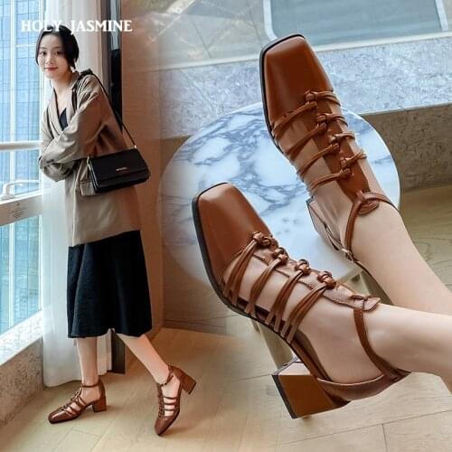 Summer Gladiator Rome Style High Heels Womans Shoes Hollow Out Casual Shoes 2021 New Trendy High Top Genuine Leather Sandals
