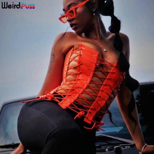 Weird Puss 2021 Summer Sexy Bandage Drawstring Women Corset Top Faux Leather Sleeveless Strapless Tank Tops Streetwear Outfits