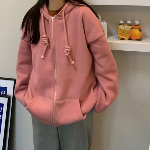 Harajuku with Hat Oversized Hoodies Women Zipper Kangaroo Pocket Casual Loose Solid Color Sweatshirt Female Fashion Tops Coat