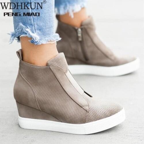Women PU Leather Shoes Female Wedge Flat Shoes Solid Walking Sneakers Ladies Zipper Platform Sandals Zapatos De Mujer