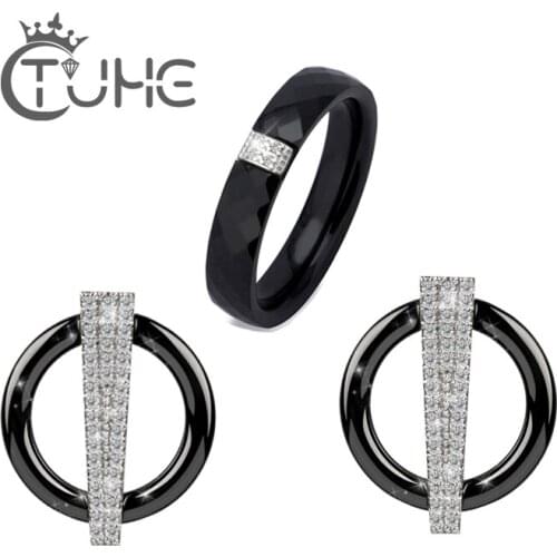 U Shape Earrings Rings Women Jewelry Black White Shinny Crystal Ceramic Earrings 3MM Ceramic Rings Jewelry Sets Anniversary Gift