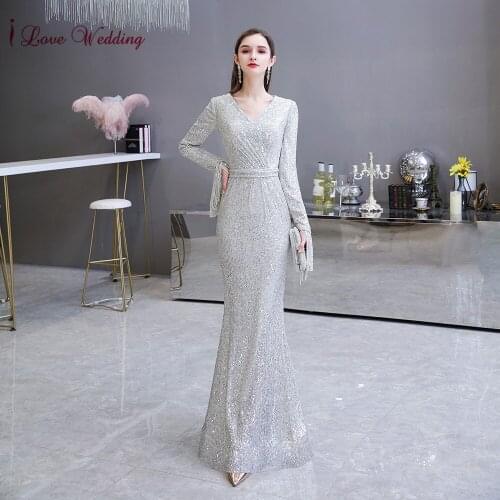 Sequins Robe De Soiree 2020 Elegant V-Neck Long Tassels Statement Sleeves Evening Dress Floor Length Mermaid Sheath Party Gown