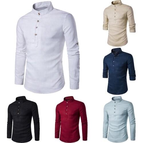Spring Men Solid Color Linen Stand Collar Long Sleeve Shirt Casual Top Four-button placket shirt men